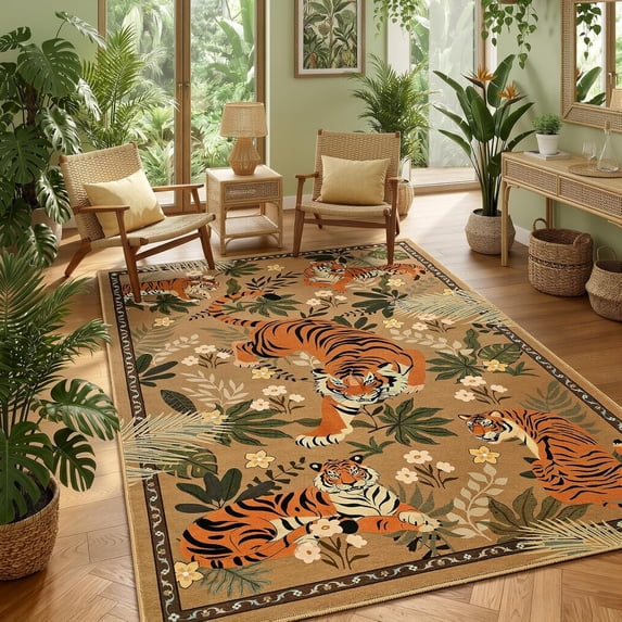 Beltran 4x6 Washable Tiger Area Rug – Vintage Safari Non Slip Carpet, Boho Camel Print Rug for Living Room Bedroom Kitchen, Easy Clean