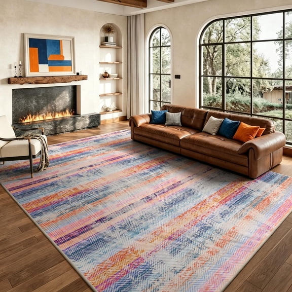 Beltran 5'x8' Abstract Watercolor Striped Area Rug, Washable Non Slip Low Pile Boho Rug, Pastel Multicolor Stain Resistant Rug for Living Room Bedroom, Colorful