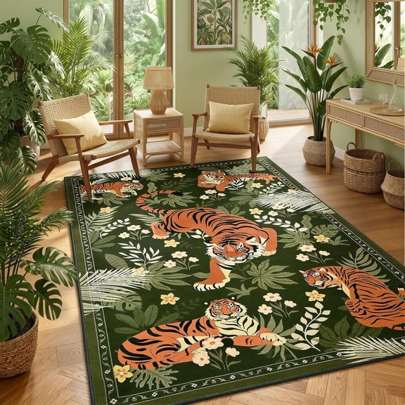 Beltran 5x7 Washable Tiger Area Rug – Vintage Safari Non Slip Carpet, Boho Green Print Rug for Living Room Bedroom Dining Room, Easy Clean