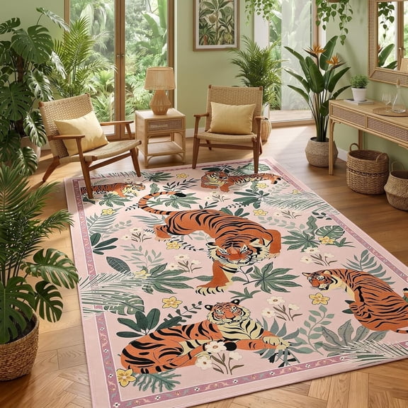 Beltran 5x7 Washable Tiger Area Rug – Vintage Safari Non Slip Carpet, Boho Pink Print Rug for Living Room Bedroom Dining Room, Easy Clean