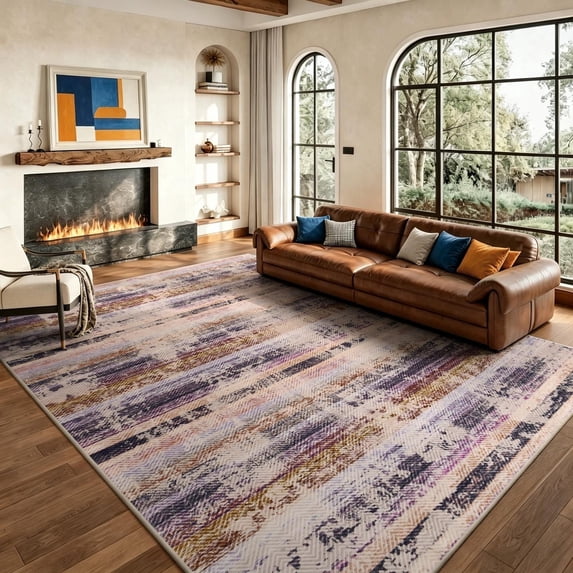 Beltran 6'x9' Abstract Watercolor Striped Area Rug, Washable Non Slip Low Pile Boho Rug, Pastel Multicolor Stain Resistant Rug for Living Room Bedroom, Beige