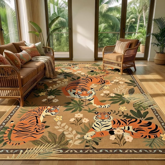 Beltran 8x10 Washable Tiger Area Rug – Vintage Safari Non Slip Carpet, Boho Camel Print Rug for Large Living Room Open Floor Plan Bedroom, Easy Clean
