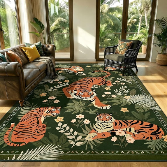Beltran 8x10 Washable Tiger Area Rug – Vintage Safari Non Slip Carpet, Boho Green Print Rug for Large Living Room Open Floor Plan Bedroom, Easy Clean