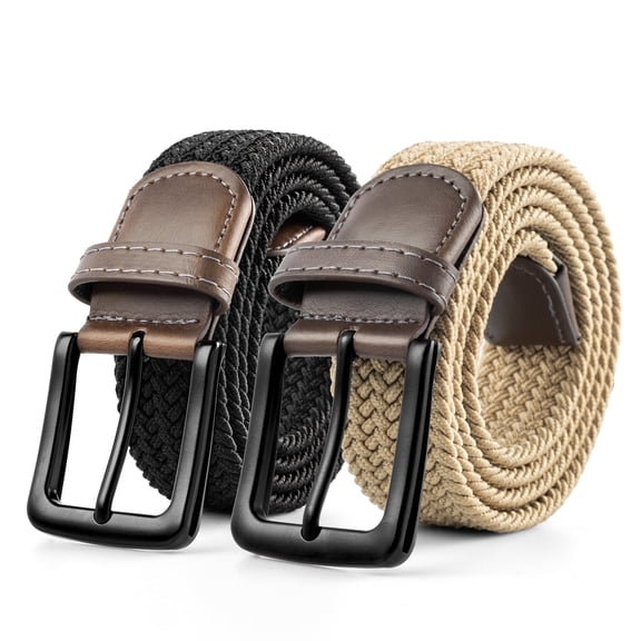 Maikun Belts for Men Black Buckle Mens Stretch Belt Black&Khaki Braided Belt