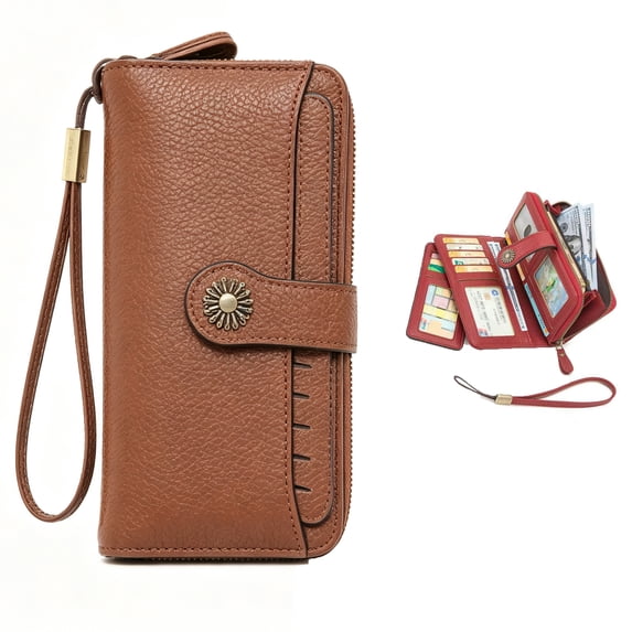 Beltzy Wallets for Women RFID Blocking Wallet Credit Card Holder Leather Wristlet Wallet for Women Large Capacity with Zipper Coin Pocket Brown
