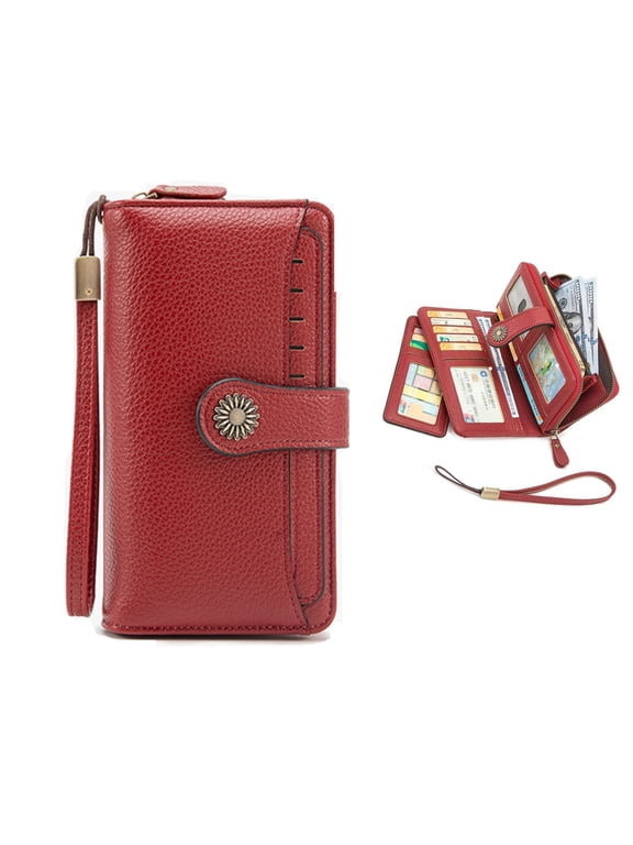 Wallets for Women RFID Blocking Wallet Credit Card Holder Leather Wristlet Wallet for Women Large Capacity with Zipper Coin Pocket Red