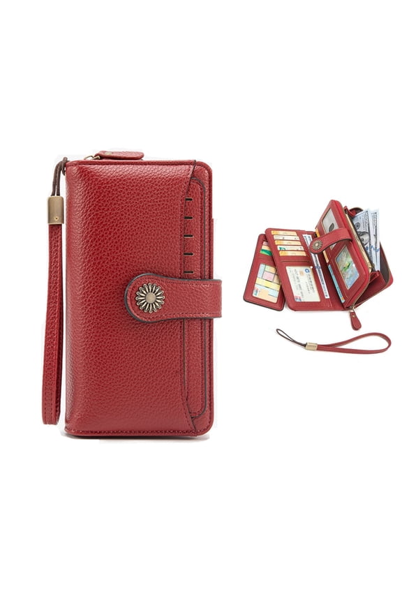 Wallets for Women RFID Blocking Wallet Credit Card Holder Leather Wristlet Wallet for Women Large Capacity with Zipper Coin Pocket Red