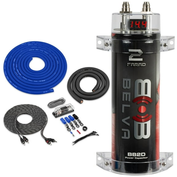 Belva BB2D 2 Farad Capacitor with Red Digital Voltage Meter + 0 Gauge Amp Kit