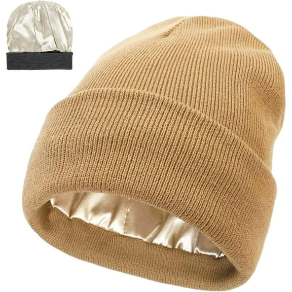 Belvado Satin Lined Beanie, Belvado Silk Lined Beanie, Knitted Cuffed Silk Lining Skull Cap Warm Winter Hats for Women & Men