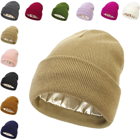 Belvado Satin Lined Beanie, Soft Knitted Cuffed Silk Lined Winter Warm Hats,Knit Winter Hats for Unisex