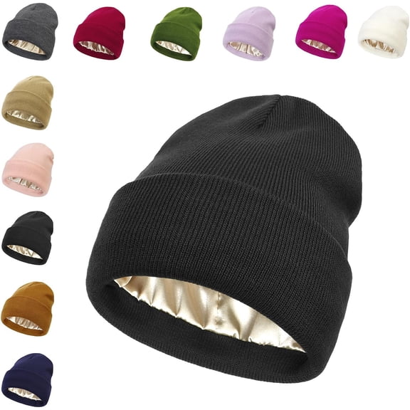 Belvado Satin Lined Beanie, Soft Knitted Cuffed Silk Lined Winter Warm Hats,Knit Winter Hats for Unisex