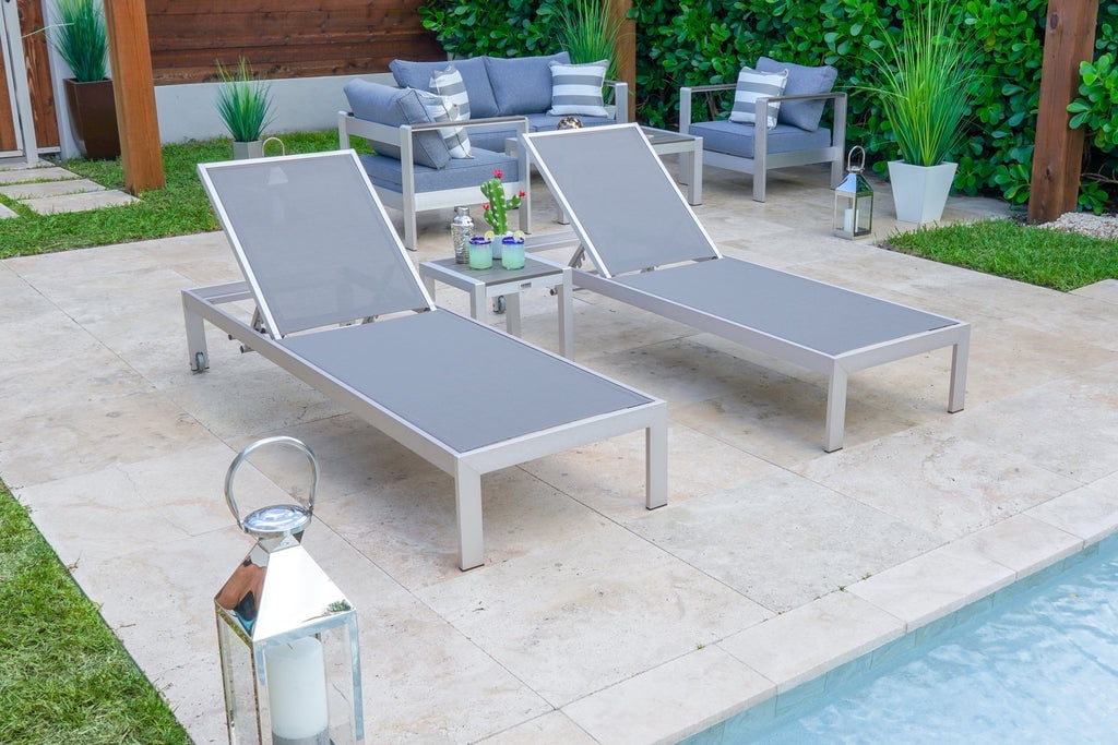 Belvedere 3-Piece Brushed Aluminum Outdoor Patio Furniture Chaise Lounge Chair Set w/ Two Chaise Lounge Chairs and Side Table