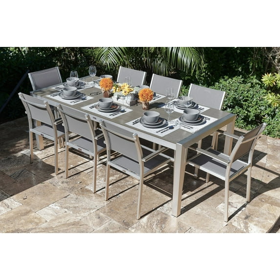 Belvedere 9-Piece Brushed Aluminum Outdoor Patio Furniture Dining Table Set with Dining Table and Eight Sling Chairs