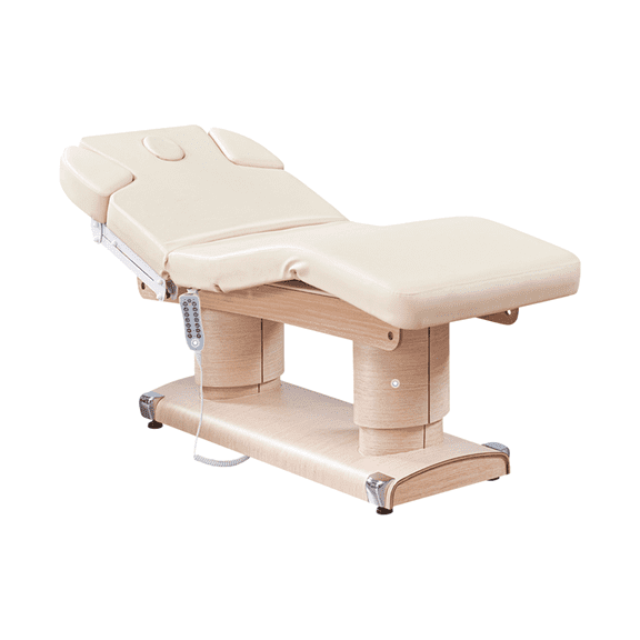 Belvedere Electric Spa Treatment Table 4 Motors Massage Bed with Wood Base, Spa Resort Salon Massage Equipment, Beige/Wood