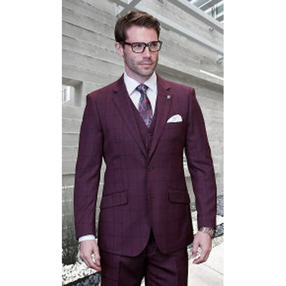 Statement Men's Wool 3 Piece Burgundy Windowpane 3 Piece Suit Tailored Fit Bergamo