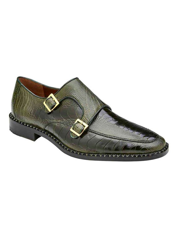 Valiente Men's Double Monk-Strap Forest Genuine Ostrich Loafers (10.5)