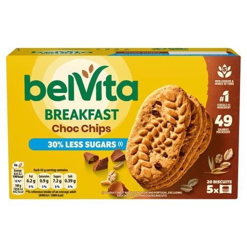 Belvita 30% Less Sugar Chocolate Chips Breakfast Biscuits 5 x 45g, British Import (Pack of 2)