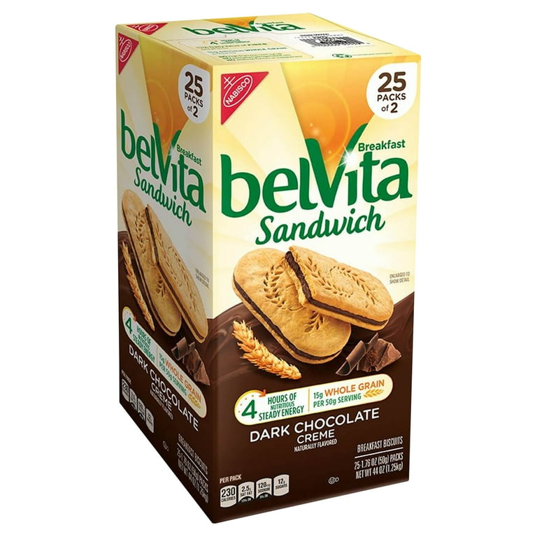 belVita Breakfast Biscuits, Dark Chocolate Creme Breakfast Sandwich, 1.76 oz Pack, 25 PK/Carton, Ships in 1-3 Business Days belVita Breakfast Biscuits, Dark Chocolate Creme Breakfast Sandwich, 1.76 oz Pack, 25 PK/Carton, Ships in 1-3 Business Days