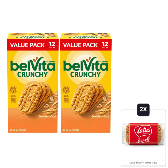 Belvita Golden Oat Breakfast Biscuits, Value Pack, 24 Packs (4 Biscuits Per Pack) & 2x Lotus Biscoff Cookies 0.2oz