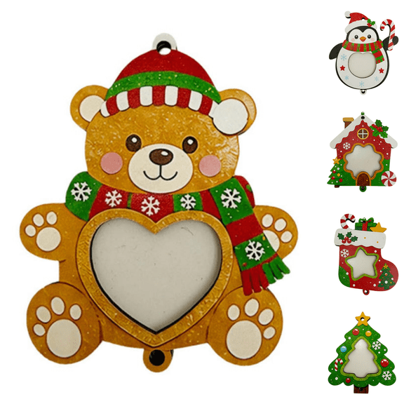 Belvizo 2D Wooden Photo Insert Christmas Tree Ornament, Holiday Hanging Picture Frame Decoration with Pinecone & Bell Accents for Christmas Tree Decor