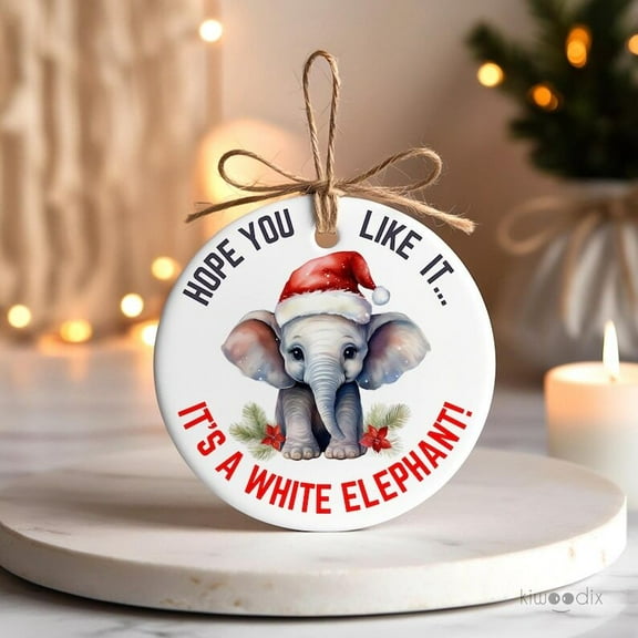 Belvo Ceramic Ornament White Elephant Seasonal Holiday Decorative Humor Gift Keepsake, 1PC