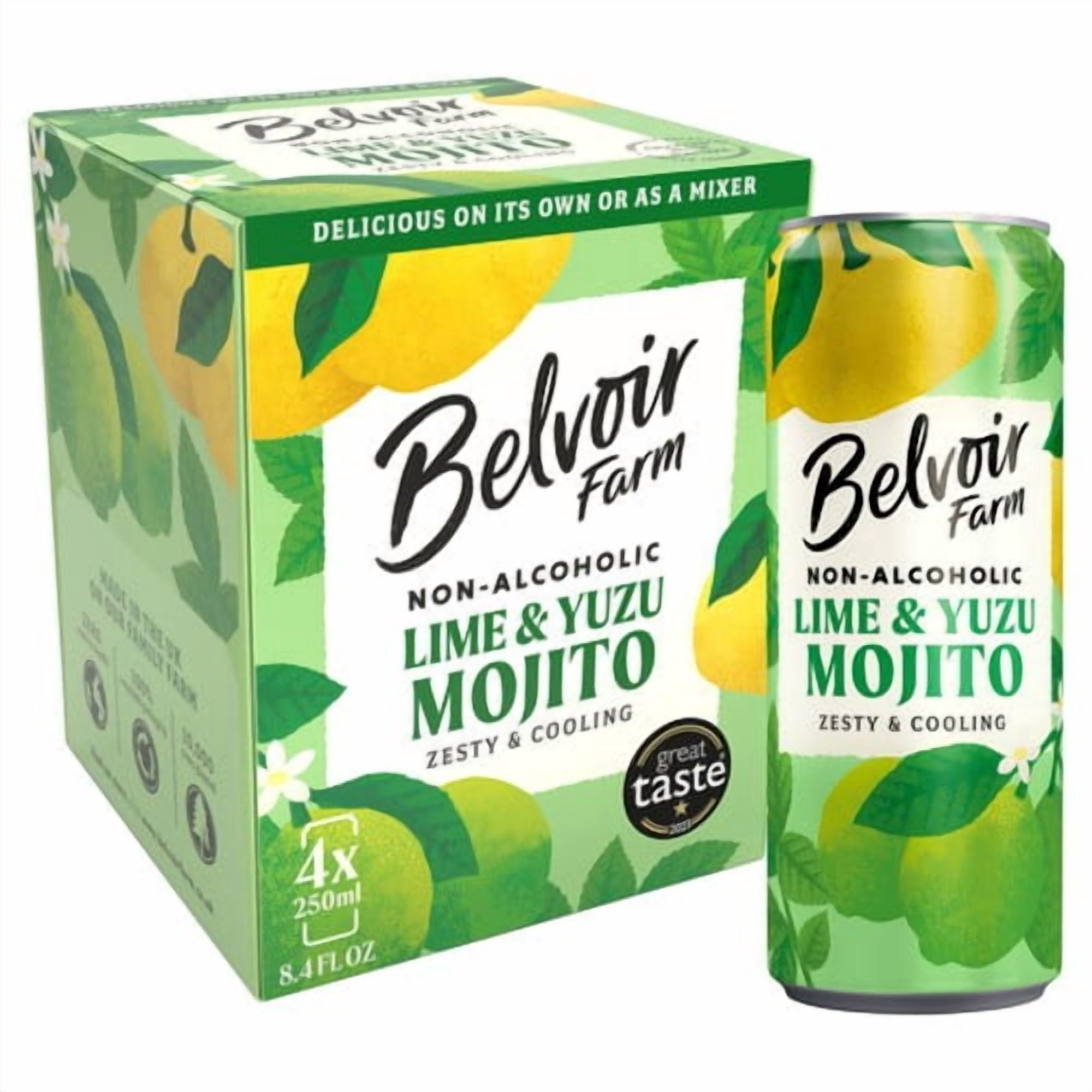 Belvoir Farm Non Alcoholic Lime & Yuzu Mojito 4 x 250ml, British Import (Pack of 2)