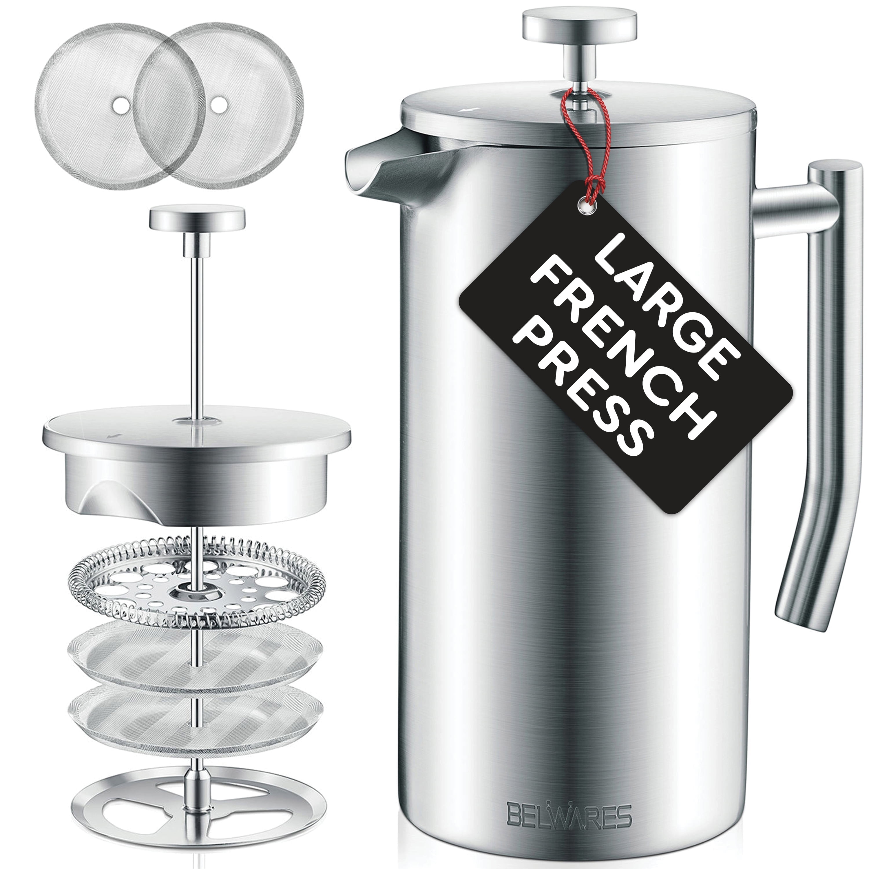 Belwares Stainless Steel French Coffee Press, Double Wall, Extra