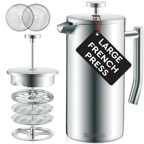 French Press Coffee Maker 50 Oz, Stainless Steel, 1.5L Double Wall Coffee Press with 4-Level Filter, Insulated Large Coffee Maker for Hot and Cold Brew, Silver