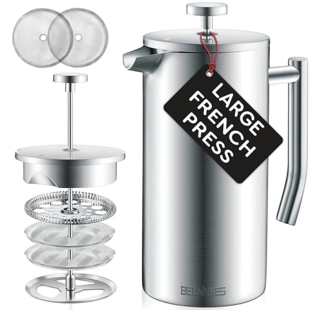 Belwares French Press Coffee Maker 50 oz Stainless Steel Coffee Press, Double Wall French Press with 4-Level Filter