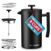 Belwares French Coffee Maker, 34 oz Stainless Steel, Double-Wall Insulated, 4-Level Filter System, Silver