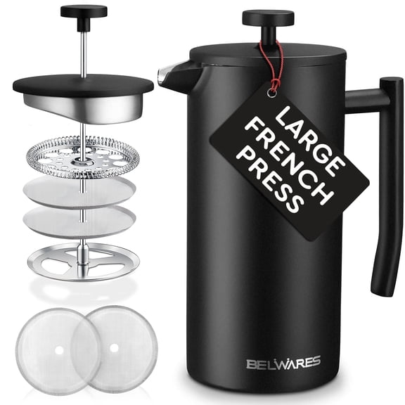 French Press Coffee Maker 50 oz, 1.5L Stainless Steel Insulated Coffee Press with Double Wall and 4-Level Filtration System, Matte Black