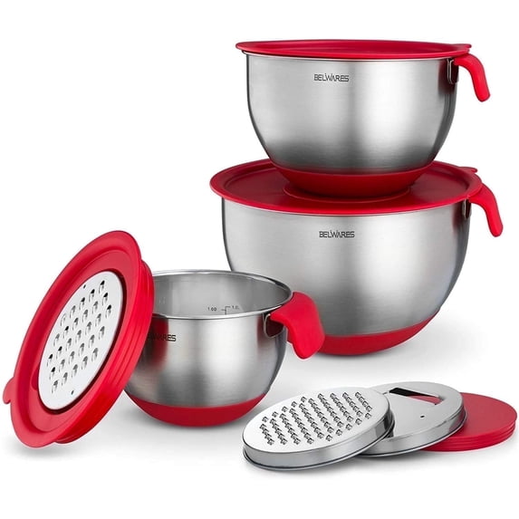 Mixing Bowls with Lids Set of 3, Stainless Steel Nesting Bowls with Red Airtight Lids, Graters, Non-Slip Base and Handles, Bowl Set for Prep, Mixing, and Food Storage