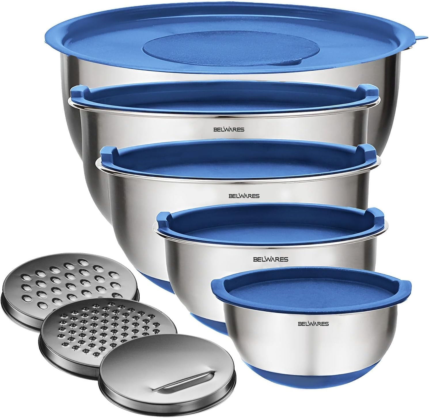 Blue Stainless Steel Mixing Bowl Set with Lids and Graters