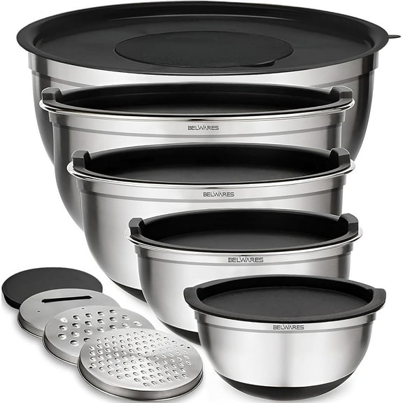 Mixing Bowls with Lids Set of 5, Stainless Steel Nesting Bowls with Airtight Lids, Graters, and Non-Slip Base, Black Kitchen Bowl Set for Baking, Prep and Storage