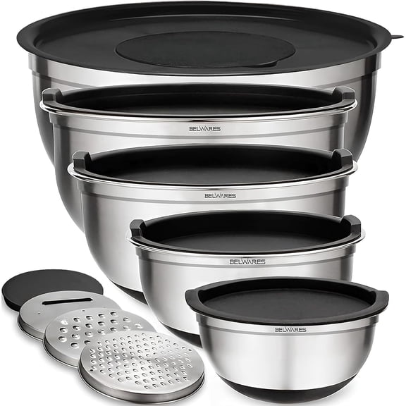 Mixing Bowls with Lids Set of 5, Stainless Steel Nesting Bowls with Airtight Lids, Graters, and Non-Slip Base, Black Kitchen Bowl Set for Baking, Prep and Storage