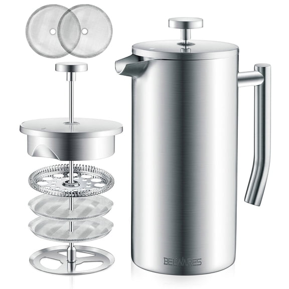 Belwares French Press Coffee Maker 34 oz Stainless Steel Coffee Press, Double Wall French Press with 4-Level Filtration