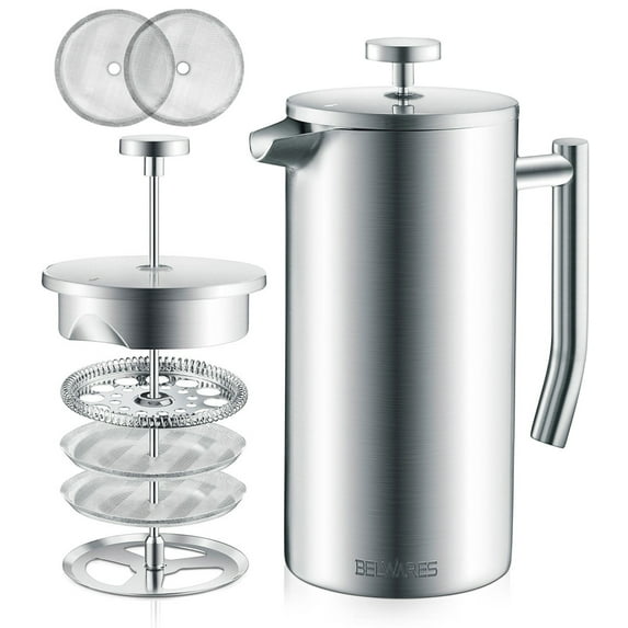 Belwares Stainless Steel French Coffee Press, with Double Wall and Extra Filters 34oz