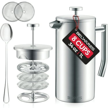 Belwares Stainless Steel French Coffee Press, with Double Wall and Extra Filters 34Oz