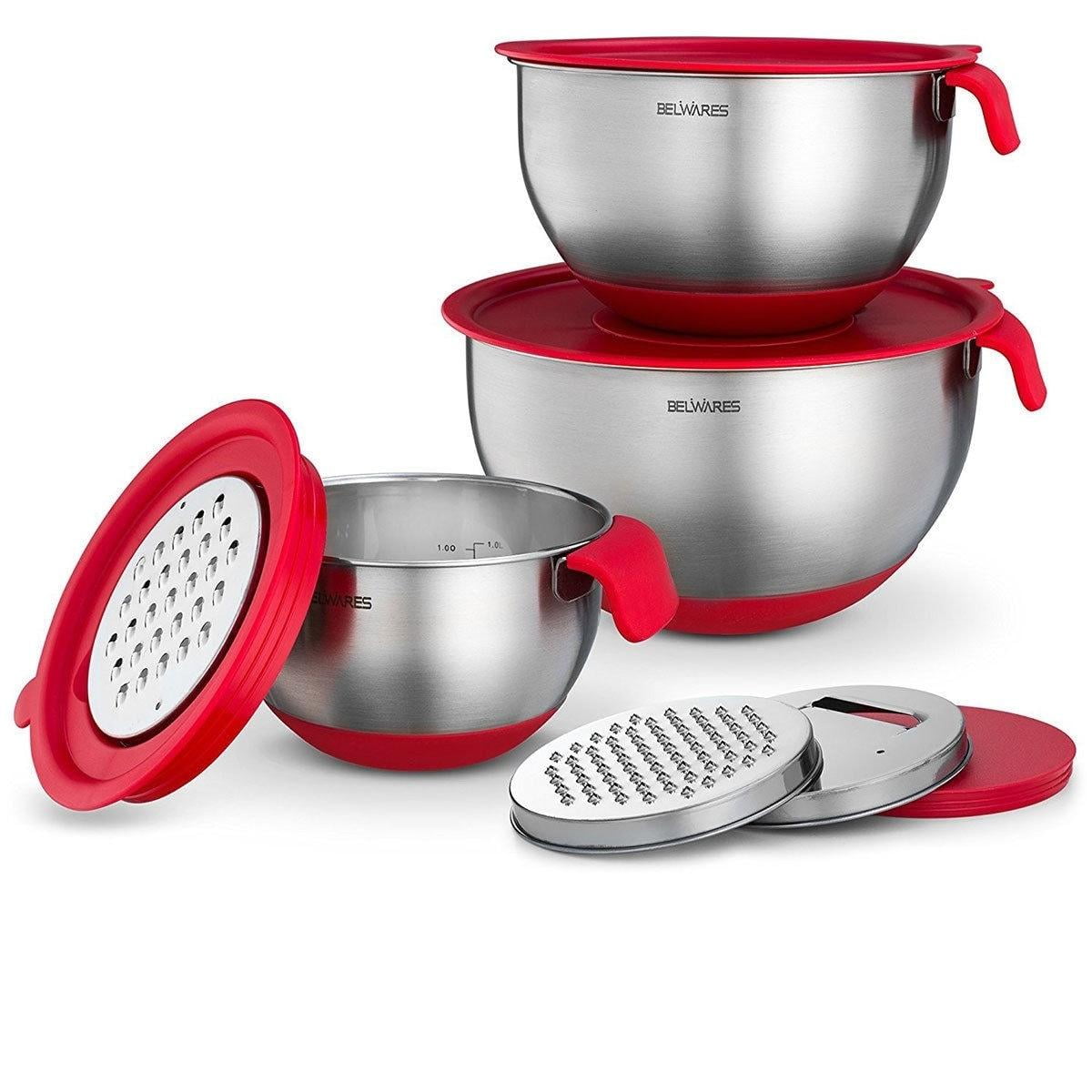 Red Stainless Steel Mixing Bowls Set with Lids and Graters