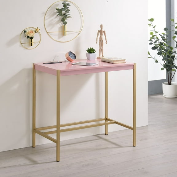 Belzie Metal Writing Desk with USB Ports, Pink