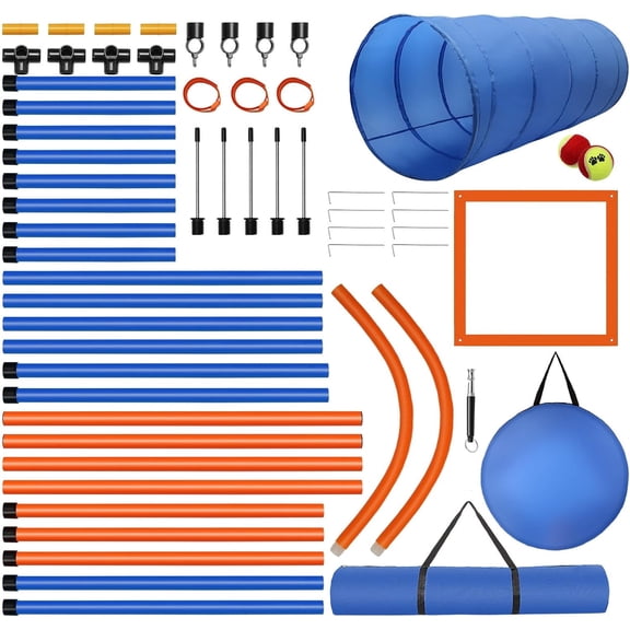 Bembam Dog Agility Training Equipment, 60-piece Dog Obstacle Course Training Starter Kit Pet Outdoor Game with Tunnel, Agility Hurdle, Weave Poles, Jump Ring, Pause Box, Toy Balls and Storage Bag