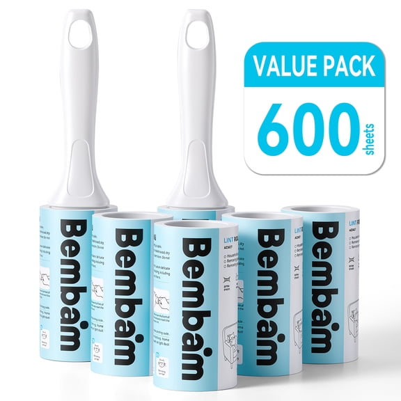 Bembam Pets Extra Sticky Lint Roller, 600 Sheets Easy Tear, Ergonomic Handle, Removes Pet Hair and Lint, 6 Pack