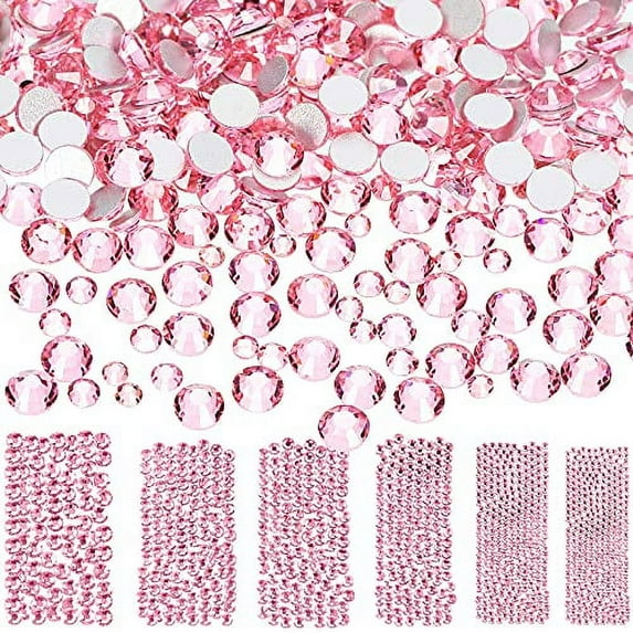 Bememo 3456 Pieces Nail Crystals AB Nail Art Rhinestones Round Beads Flatback Glass Charms Gems Stones, 6 Sizes for Nails Decoration Makeup Clothes Shoes (Pink)