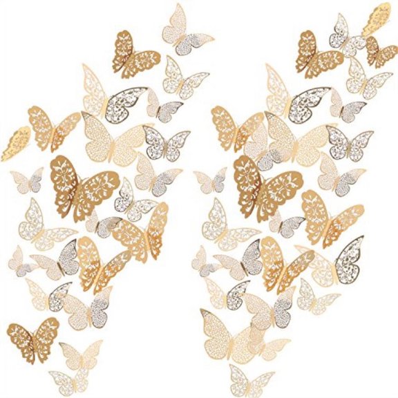 Bememo 72 Pieces 3D Butterfly Wall Decals Sticker Wall Decal Decor Art Decorations Sticker Set 3 Sizes for Room Home Nursery Classroom Offices Kids Girl Boy Bedroom Bathroom Living Room Decor (Gold)