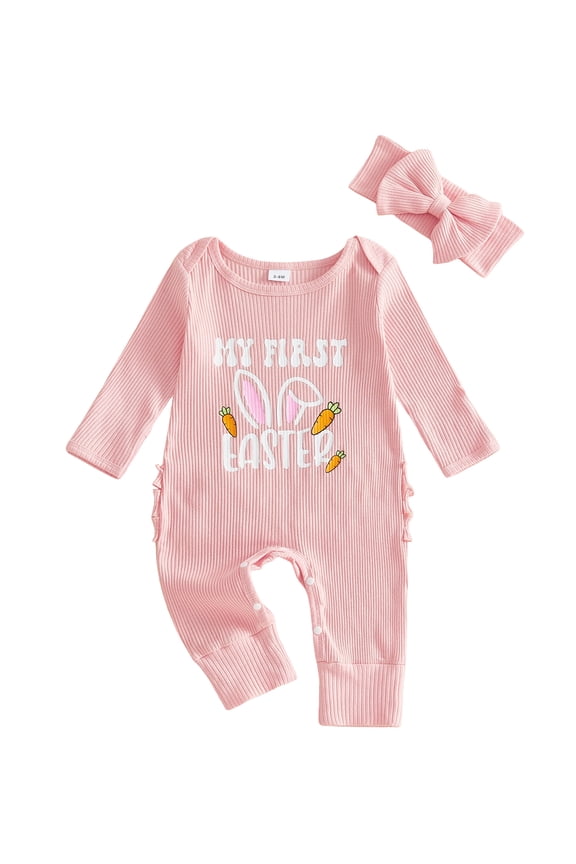 2Pcs Baby My First Easter Outfit Newborn Baby Girl Easter Outfit Long Sleeve Bunny Ear Letters Carrot Print Romper and Bow Headband Set Infant Spring Clothes