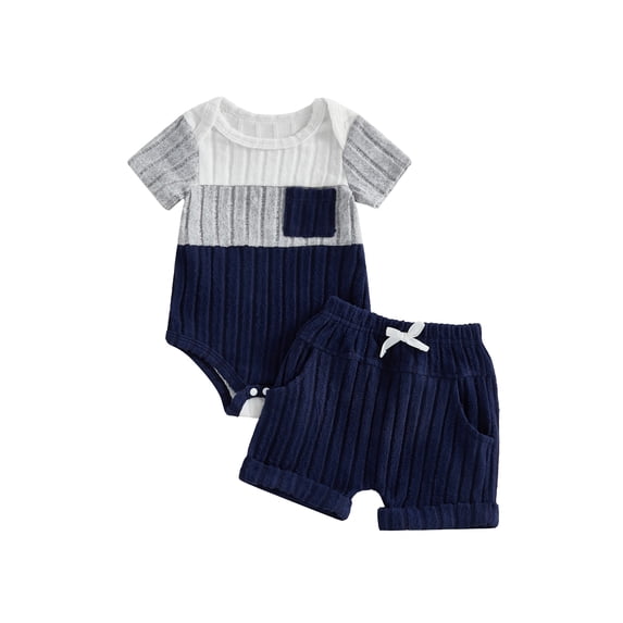 BemeyourBBs 2Pcs Infant Baby Boy 2 Piece Outfit Summer Clothes Crew Neck Short Sleeve Patchwork Rib Knit Romper and Elastic Waist Shorts Set