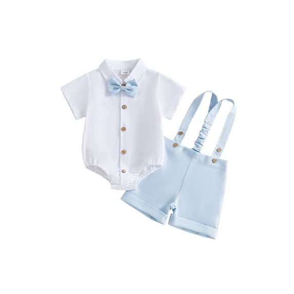 BemeyourBBs 2Pcs Newborn Baby Boy Baptism Day Gentleman Outfit Summer Clothes Lapel Neck Short Sleeve Button Down Bowtie Shirt Romper and Suspender Shorts Set