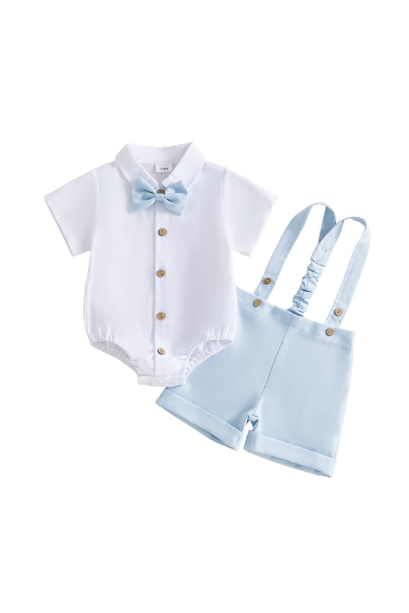 2Pcs Newborn Baby Boy Baptism Day Gentleman Outfit Summer Clothes Lapel Neck Short Sleeve Button Down Bowtie Shirt Romper and Suspender Shorts Set