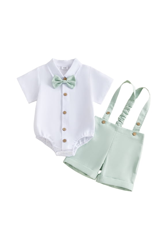 2Pcs Newborn Baby Boy Baptism Day Gentleman Outfit Summer Clothes Lapel Neck Short Sleeve Button Down Bowtie Shirt Romper and Suspender Shorts Set