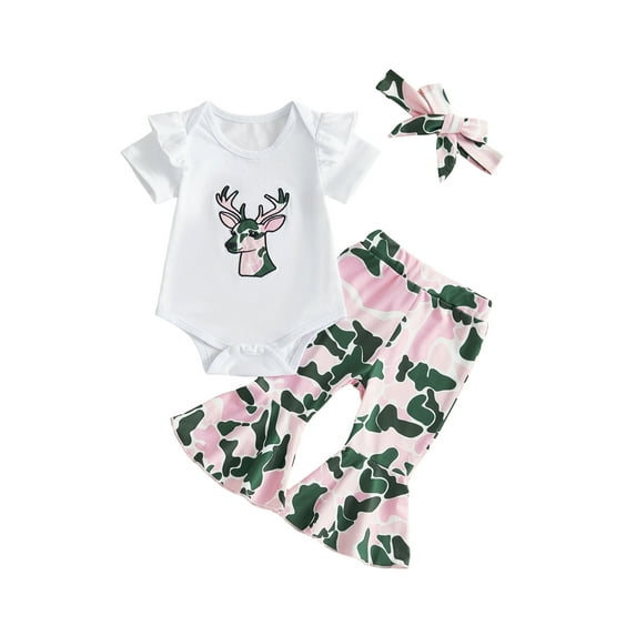 BemeyourBBs 2Pcs Newborn Baby Girl Deer Hunting Clothes Summer Camouflage Outfits Short Sleeve Reindeer Embroidery Romper Camo Print Pants Set Headband